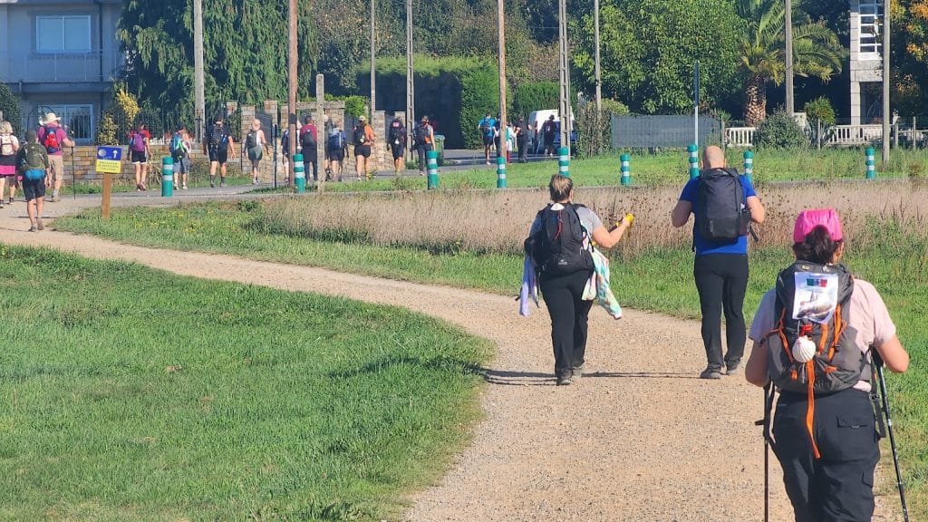 Peregrinos caminando por el Camino de Santiago desde Tui, rodeados de naturaleza y guiados por las flechas amarillas hacia Santiago de Compostela.